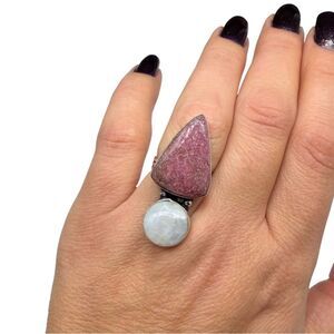 Pink Thulite Rainbow Moonstone Ring Size 5 925 Sterling Silver Overlay